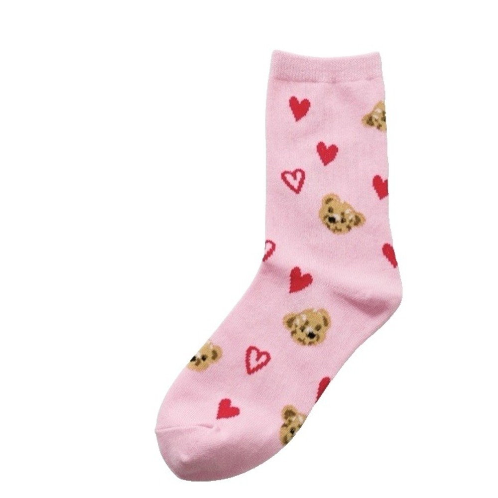 Zenana Heart Bear Artwork Pink Crew Socks Cotton Blend Womens One Size NEW